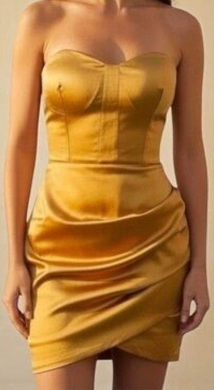 NWT Naked Wardrobe The Statement Gold Satin Strapless Ruched Mini Dress Sz S T1
